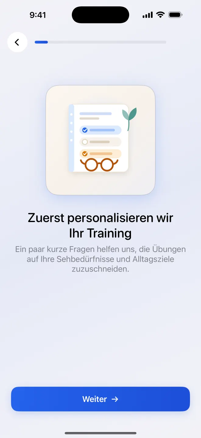 Get Visionary-Bildschirm zum Start der Personalisierung Ihres Trainingsplans