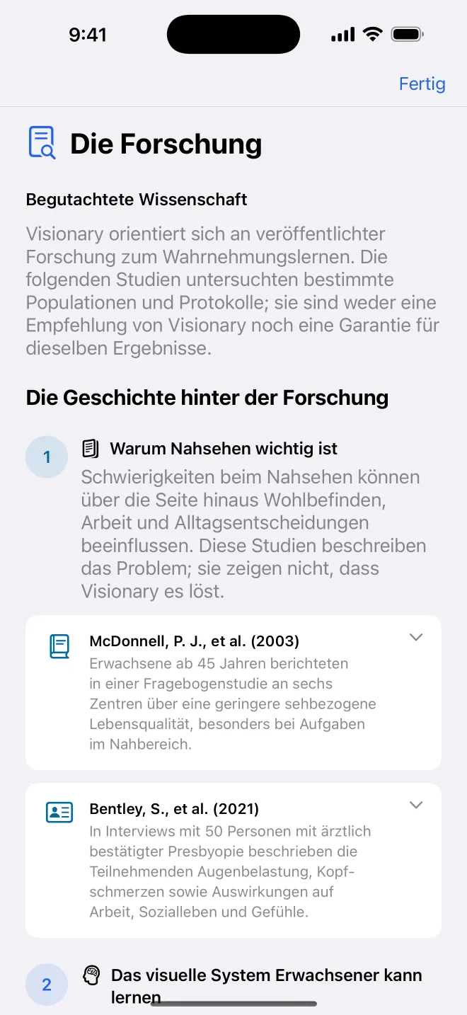 Get Visionary-Forschungsbildschirm mit begutachteten Studien und ihren Grenzen