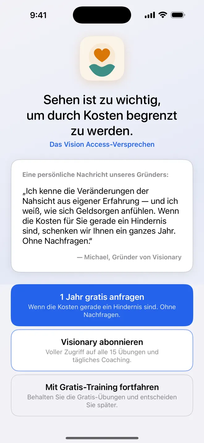 Get Visionary Vision Access Pledge-Bildschirm mit Ein-Tipp-Anfrage für ein Jahr Gratiszugang