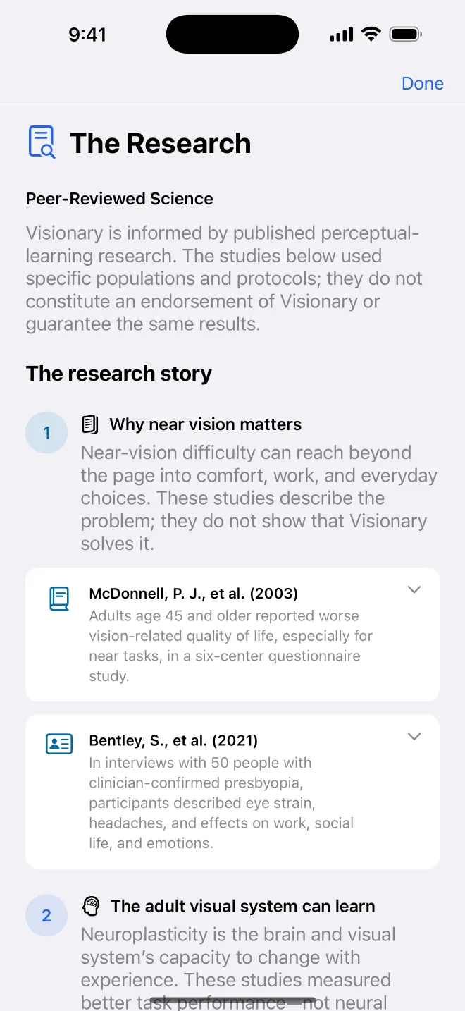 Get Visionary research screen listing peer-reviewed studies and their limits
