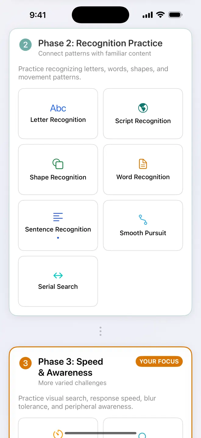 Get Visionary exercise library showing recognition and speed exercises