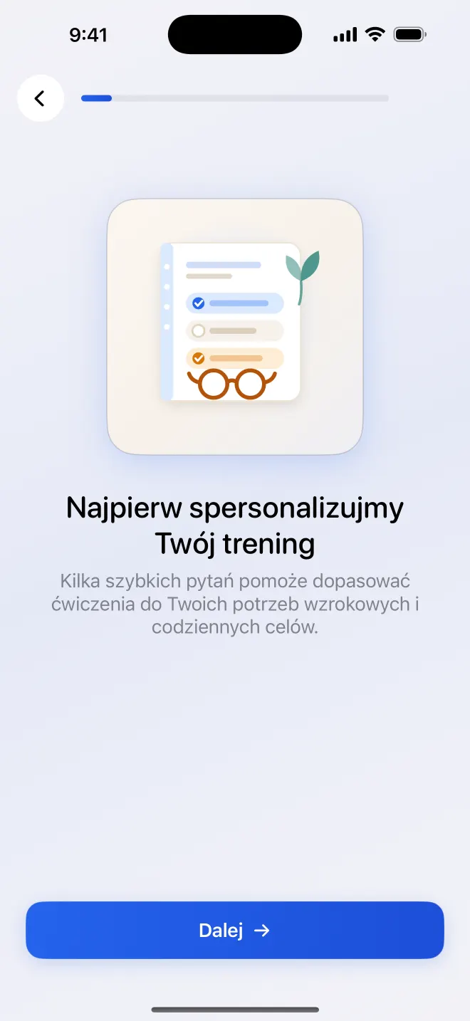 Ekran Get Visionary rozpoczynający personalizację planu treningowego