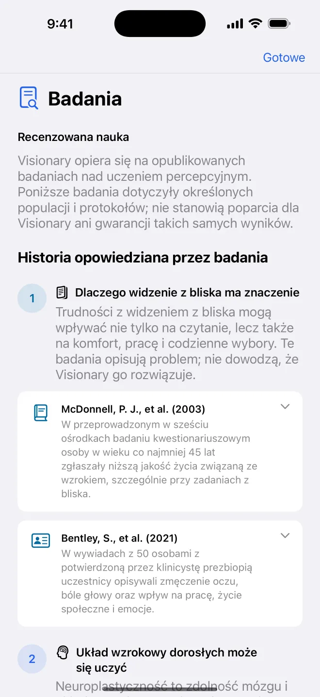 Ekran badań Get Visionary z listą recenzowanych badań i ich ograniczeń