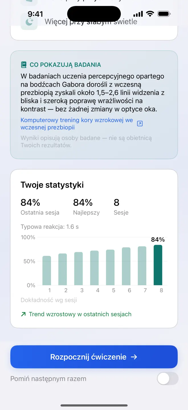 Wprowadzenie do ćwiczenia w Get Visionary z kontekstem badań i wykresem dokładności z ośmiu sesji