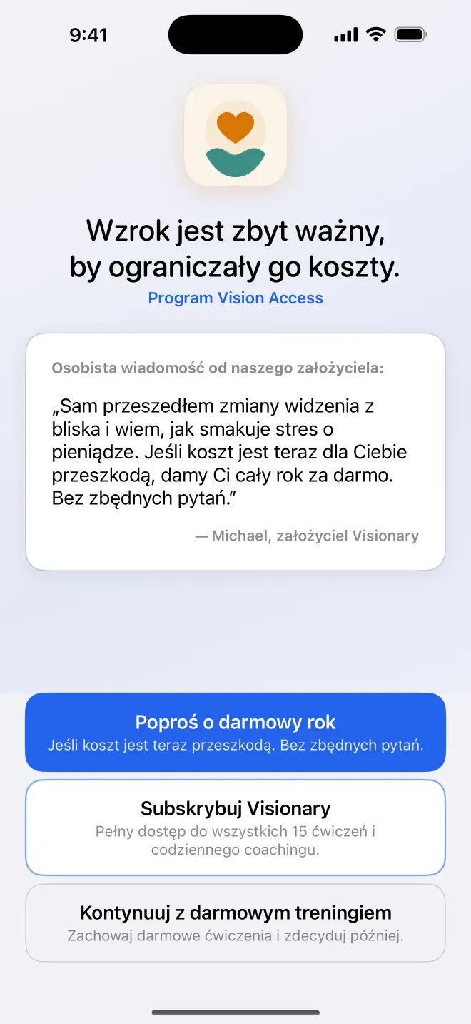 Ekran Vision Access Pledge w Get Visionary z prośbą o rok darmowego dostępu jednym dotknięciem
