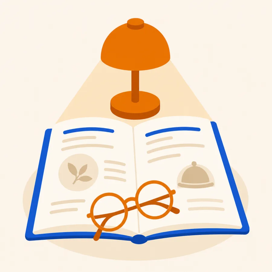 Illustration of reading glasses resting on an open restaurant menu under warm lamplight