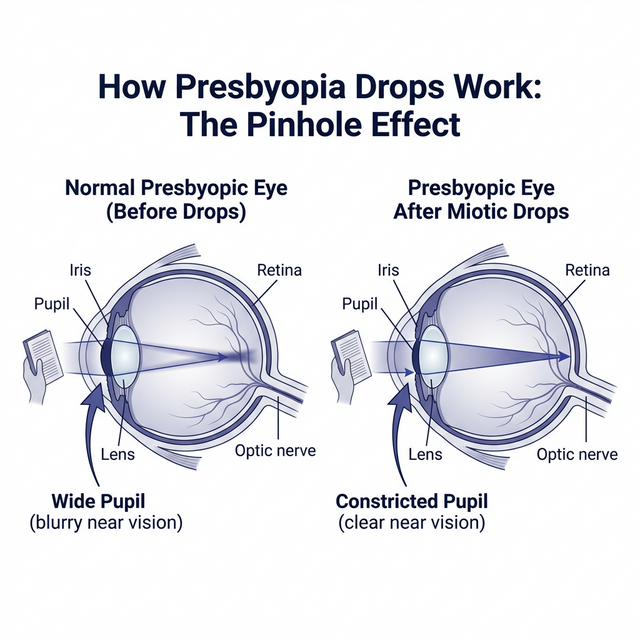 Diagram showing how presbyopia eye drops constrict the pupil to create a pinhole effect, improving near vision